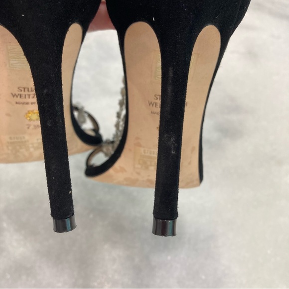 STUART WEITZMAN Stardust Black Suede Rhinestone Crystal Chain Heels Sandals - Picture 11 of 14